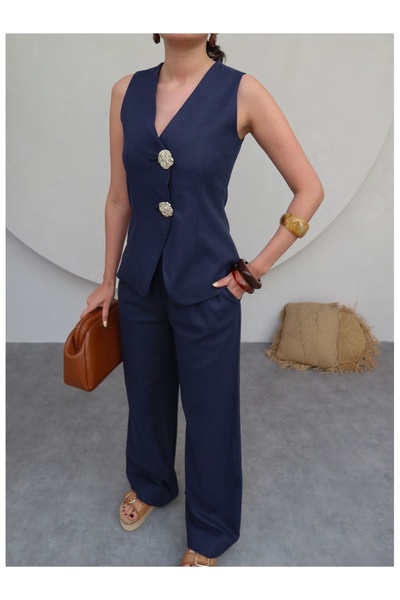 ESRAHELVACI Gold Buttoned Linen Trousers Set