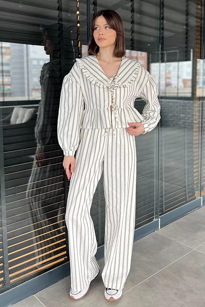 GÜLSELİ Cream Gray Women's Baby Collar Front Tie Blouse Trousers Double Set