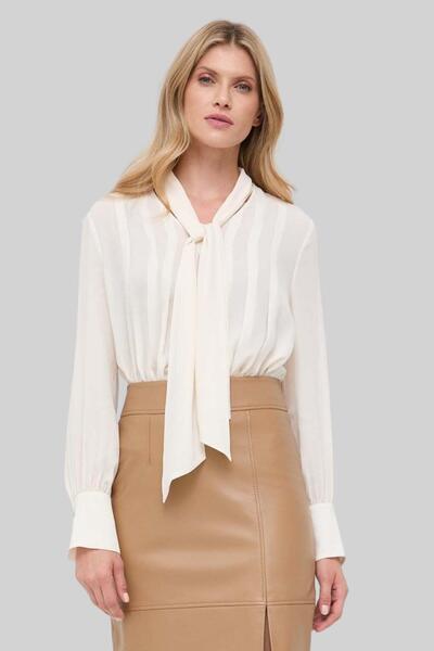 BOSS Kadın Regular Fit Uzun Kollu Dekoratif Sivri Yaka Bluz Beyaz