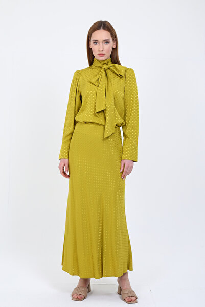 Mimya Yeşil Puantiyeli Saten Jakar Bluz 3515