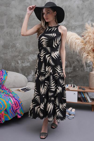 ZEYWEAR Halter Yaka Beli Lastikli Kloş Elbise