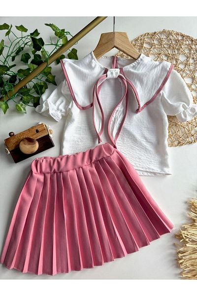 ARBİ kids Girl's Baby Collar Aerobin Shirt Double Fabric Pleated Skirt Stylish Suit for Eid