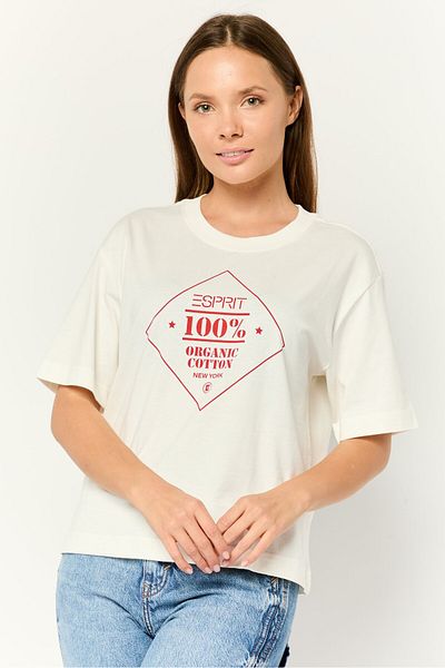 Esprit Women Ribbed Collar Short Sleeve Printed T-Shirt, White