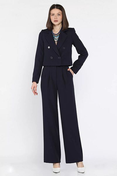 GÜLSELİ Navy Blue Women's Four Button Blazer Jacket Palazzo Pants Two Piece Set