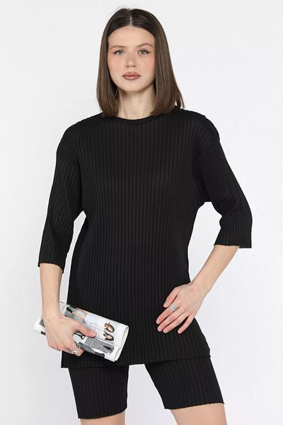 GÜLSELİ Black Crew Neck Half Sleeve Blouse Shorts Set of Two