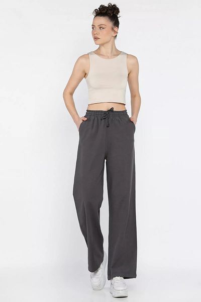 GÜLSELİ Anthracite Women's High Waist Palazzo Linen Trousers