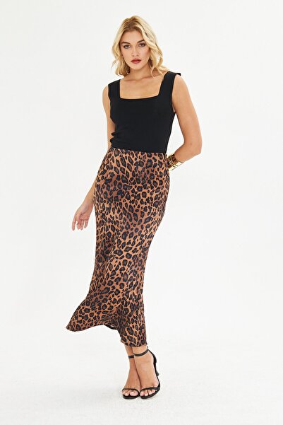 BELISTIL Fusta țesută din satin maro cu imprimeu leopard, lungime midi