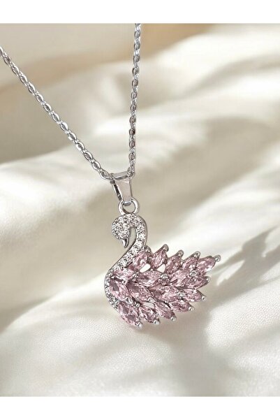 Elifsu Jewelry Kuğu Gümüş Renkli Zirkon Taşlı Çelik Kolye
