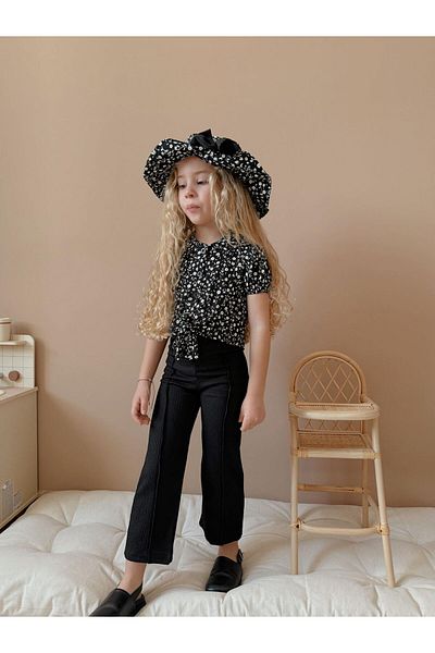 patriko tekstil Girl's Set of 3 Hats & Pants & Bluz Black Color Crispy Flower Pattern Bottom Top Set