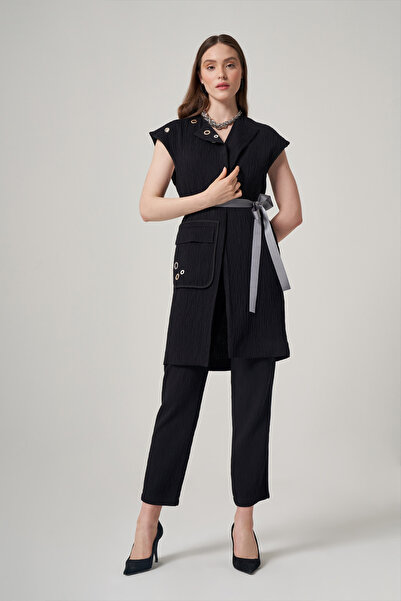 Mimya Siyah Kuş Gözü Detaylı Yelek 6701