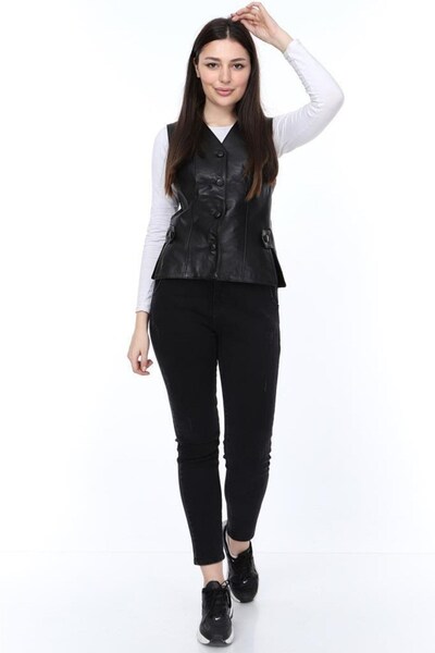 DeriWork Hakiki Kuzu Derisi Siyah Düğmeli Kadın Yelek Siyah