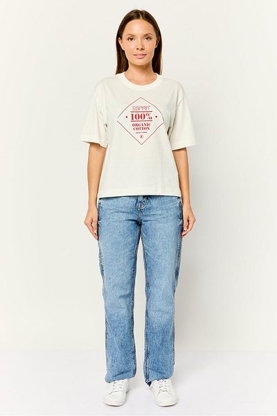 Esprit Women Ribbed Collar Short Sleeve Printed T-Shirt, White