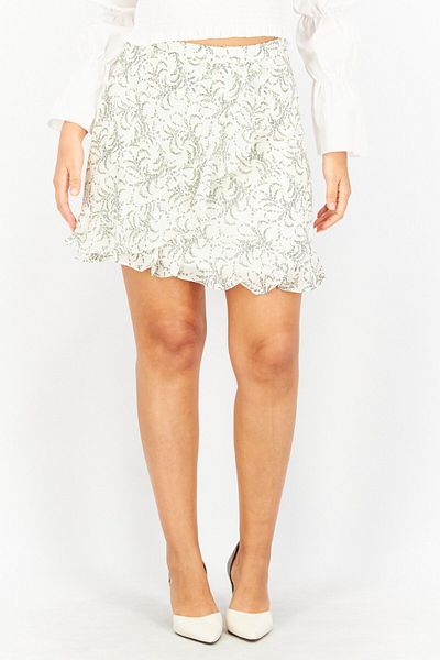 NA-KD Women Floral Printed Mini Skirt, Off White Combo