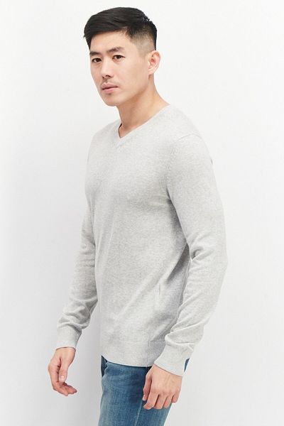 CELIO Men V Neck Long Sleeve Plain Sweater, Light Grey