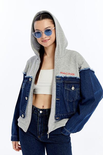 CHOS7N Жіночий оверсайз трикотажний піджак з джинсовою підкладкою на блискавці, з принтом, для повсякденного носіння