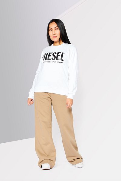 Diesel سويت شيرت نسائي بياقة دائرية وأكمام طويلة وشعار العلامة التجارية، أبيض