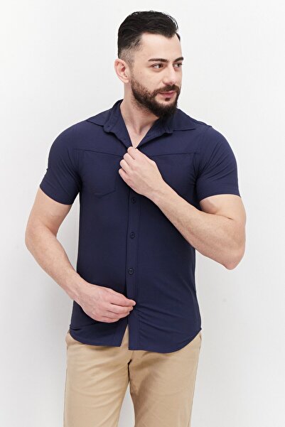 Cultura New York قميص رجالي كاجوال سادة بأكمام قصيرة وقصّة عادية، أزرق داكن