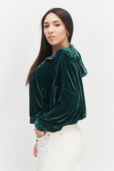 Steve Madden Women Hooded Neck Velvet Sweatshirt, Green