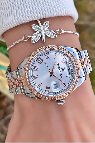 Daniel Klein Brand Rose Silver Color Women's Wristwatch with Stone - Bracelet with 2 Years Warranty