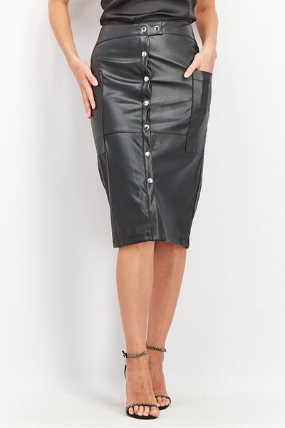 NA-KD Women Leather Front Button Skirt, Black