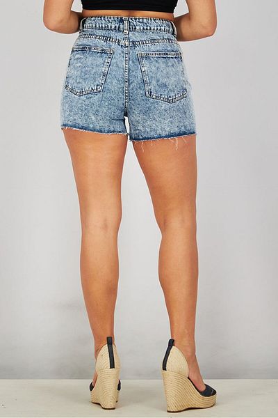 Cropp Women Mom Fit Distressed Hem High Waist Denim Shorts, Wash Blue