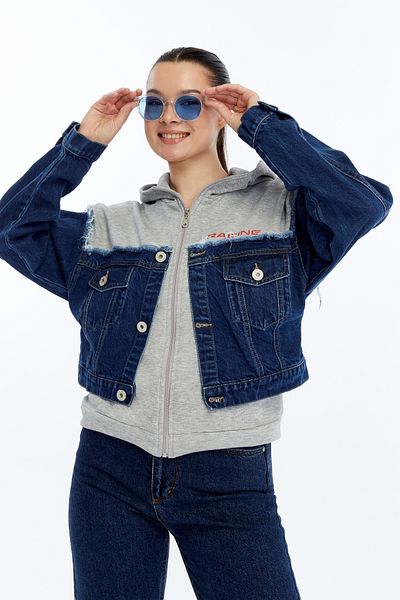 CHOS7N Women's Oversize Combed Cotton and Denim Garnished Jacket Zippered College Coat Printed Daily Use Denim Jacket