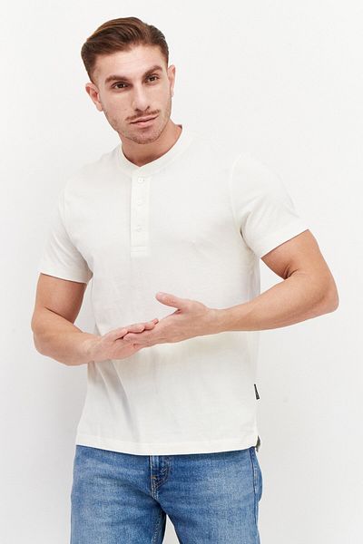 Vince Camuto Men Round Neck Short Sleeves Plain Henley Shirt, Cream