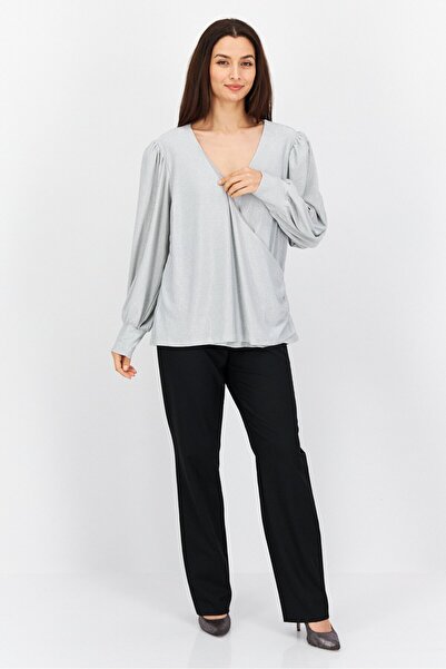 City Chic Women Plus Size Surplice Neck Long Sleeves Metallic Blouse, Silver