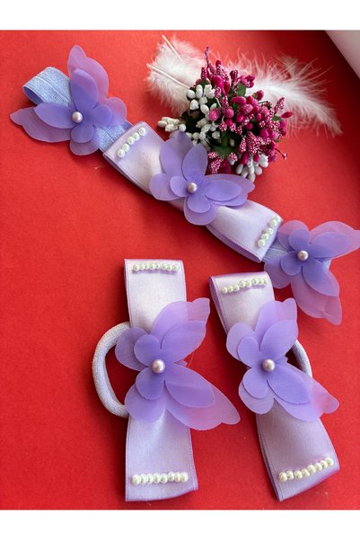 Nevgiss Aksesuar 2 Pieces of Rubber Buckle with Tulle Butterfly and PearlsBandanaGold Plated and Figured Bracelet Set