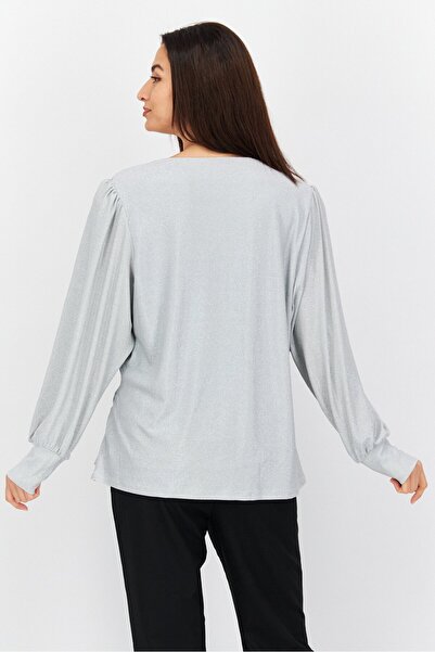 City Chic Women Plus Size Surplice Neck Long Sleeves Metallic Blouse, Silver