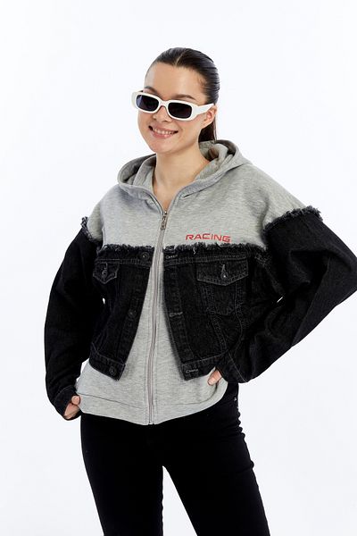 CHOS7N Women's Oversize Combed Cotton and Denim Garnished Jacket Zippered College Coat Printed Daily Use Denim Jacket