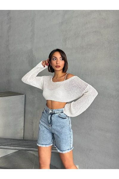 ÇEÇİM Pantaloni scurți din denim cu talie înaltă pentru femei ZYN-58773