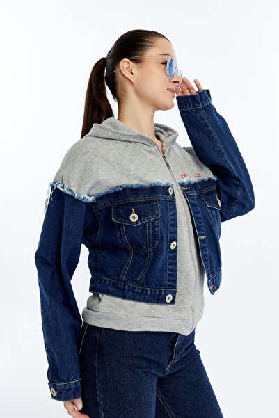 CHOS7N Жіночий оверсайз трикотажний піджак з джинсовою підкладкою на блискавці, з принтом, для повсякденного носіння