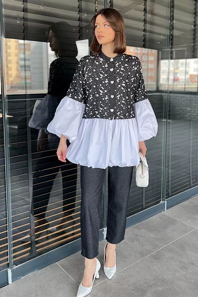 GÜLSELİ Black Balloon Sleeve Garnished Stonewashed Tunic Trousers Jeans Double Set