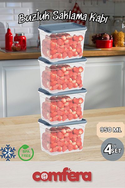 BAGER MARKET 4-Piece Icebox Storage Container Winter Container Freezer Organizer Refrigerator Food Storage Container 950 ml 4 Colors