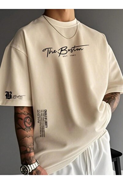 Altamira Ανδρικό μπλουζάκι μπεζ The Boston Printed Crew Neck Oversize