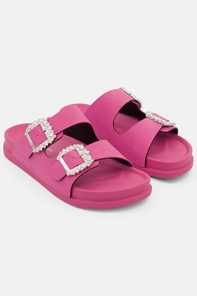 I Love Fashion Women Rhinestone Slip On Flats, Fushia Pink