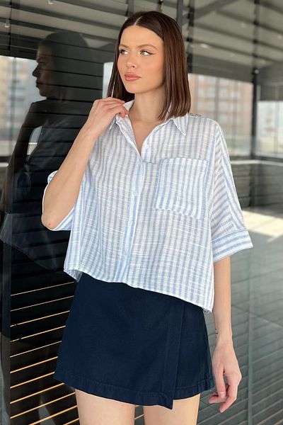 GÜLSELİ Cămașă oversize cu model cu dungi cu un singur buzunar pentru femei albastre
