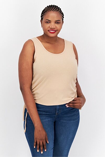 Love, Fire Women Plus Size Round Neck Sleeveless Plain Tank Top, Beige