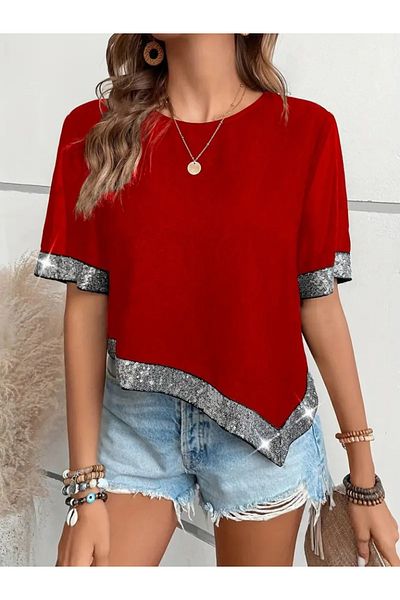 Moka Shopin Mokashopin Women's Short Sleeve Crew Neck Asymmetrical Cut Detail Sequined Crepe Blouse