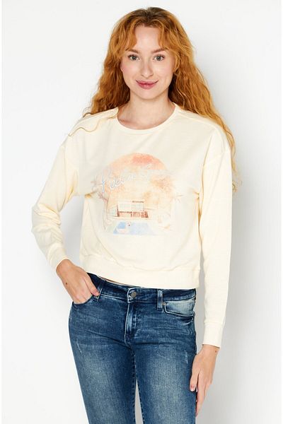 Kensie Women Round Neck Long Sleeves Printed Sweatshirt, Beige