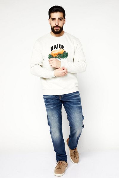 CELIO Men Round Neck Graphic Print Long Sleeve Sweatshirts, Grey
