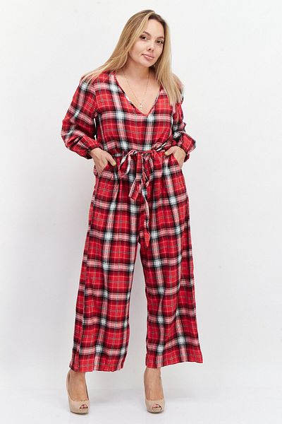 BOOHOO Women Windowpane Long Sleeves Jumpsuit, Red Combo