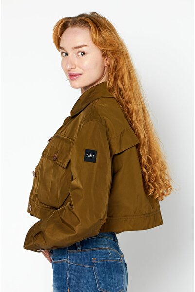 Aigle Women Solid Shirt Jacket, Khaki