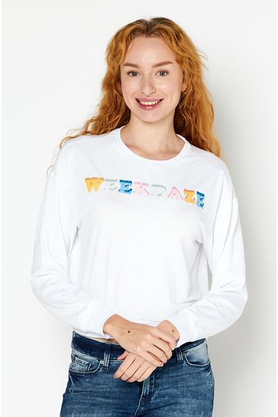 Kensie Women Round Neck Graphic Print Crop Sweatshirt, White