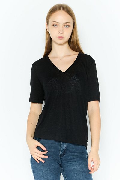 Scotch & Soda Women V-neck Short Sleeve Solid T-shirts, Black