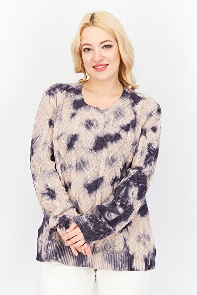Nicole Miller Women Crew Neck Long Sleeve Tie Dye Knitted Sweatshirt, Beige