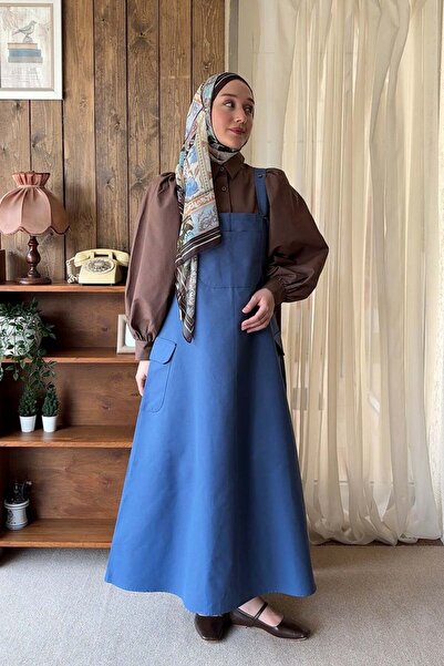 Ceylan Otantik Indigo Linen Skirted Salopet & Bitter Brown Classic Collar Crop Shirt Set