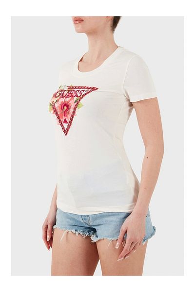 Guess Ss Cn Triangle Beads Tee Women's White T-Shirt W5Gi10J1314-G012