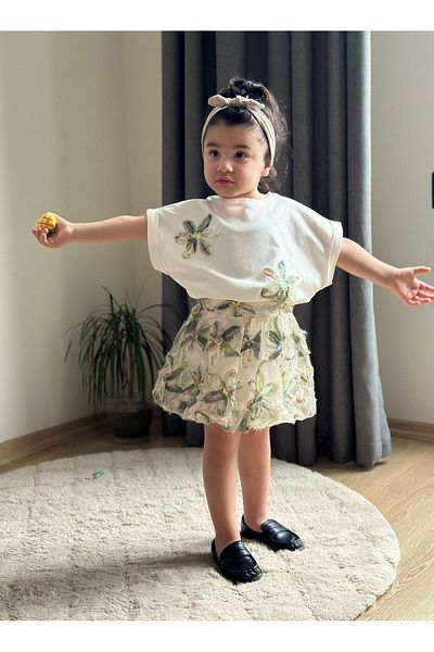 Yalçınoğlu Kids Girl's Bottom Top Set |   Floral Combi and Skirt with Balloon Effect, 2-Pack